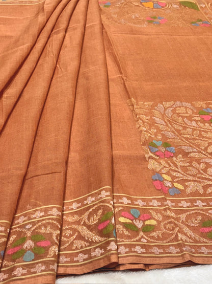 Natural Copper Peach Pure Cotton Jamdani  Real Gold Silver Zari Handwoven Saree