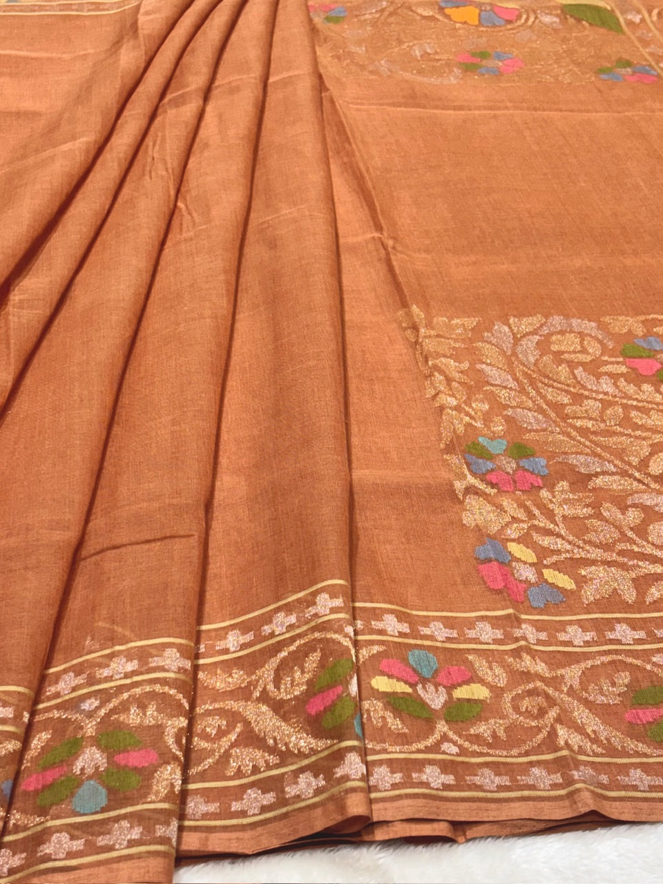 Natural Copper Peach Pure Cotton Jamdani  Real Gold Silver Zari Handwoven Saree