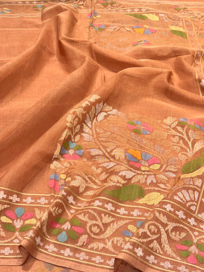 Natural Copper Peach Pure Cotton Jamdani  Real Gold Silver Zari Handwoven Saree