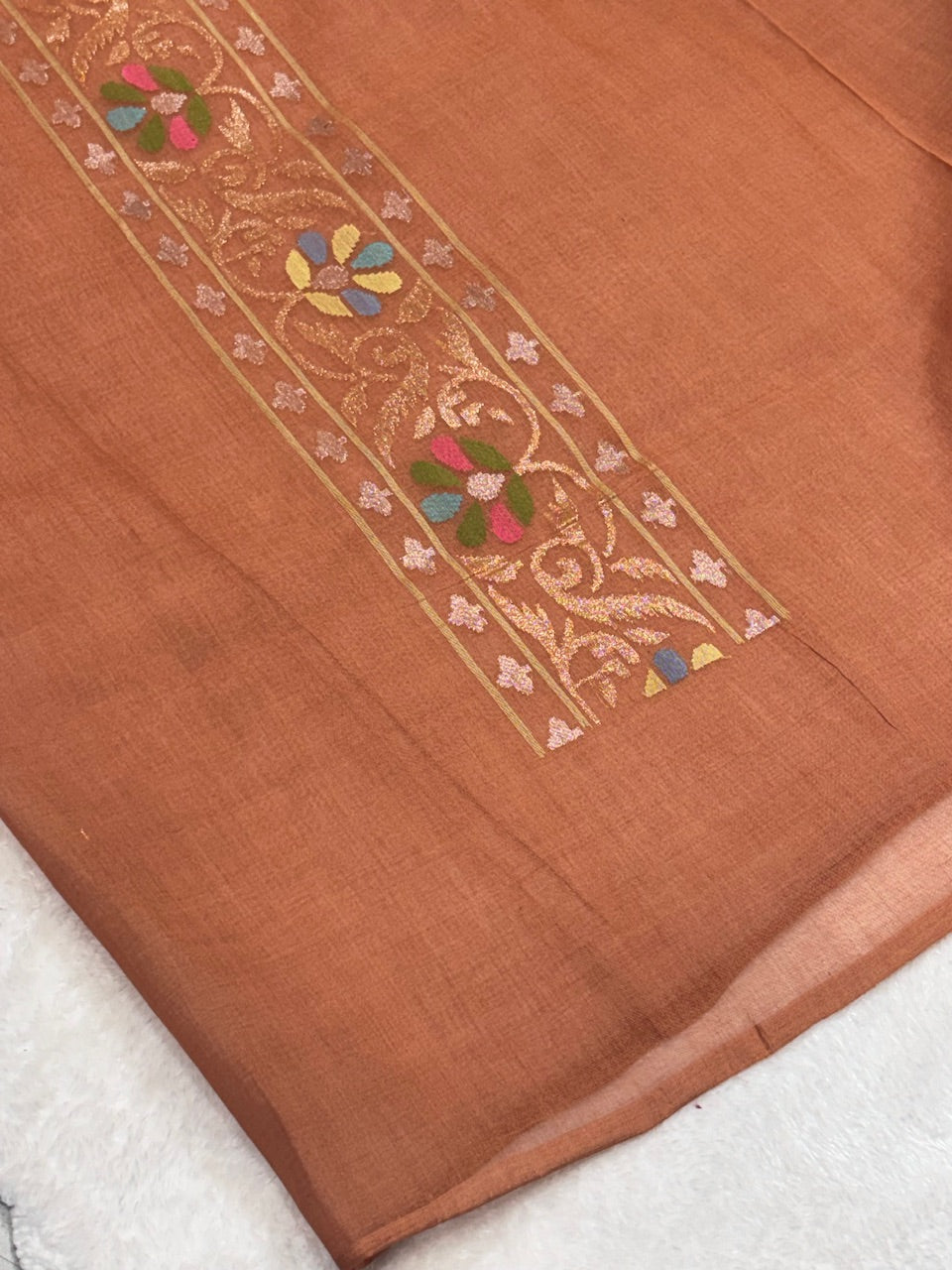 Natural Copper Peach Pure Cotton Jamdani  Real Gold Silver Zari Handwoven Saree