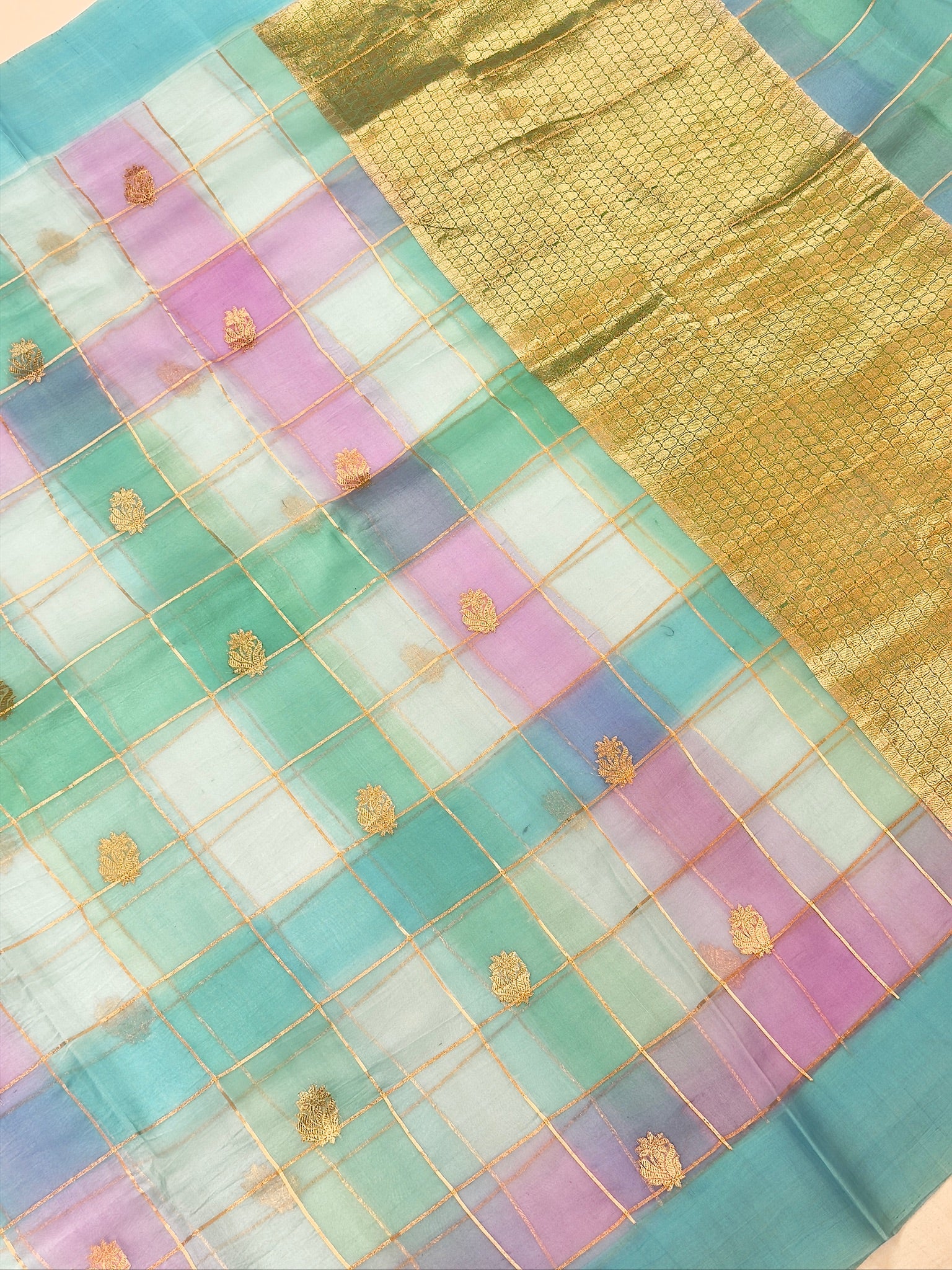 Sea Blue Handwoven Rangkaat Kora Silk Saree