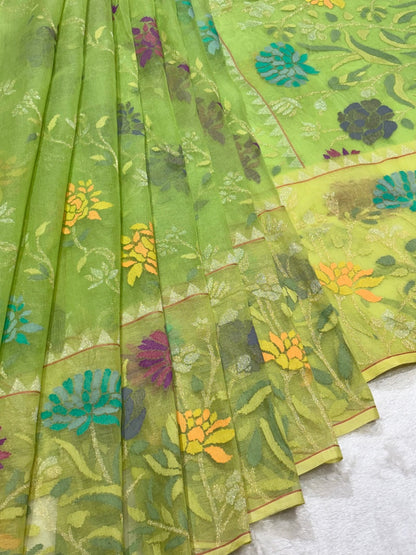 Olive Leaf Green Pure Cotton Jamdani  Real Gold Silver Zari Handwoven Saree