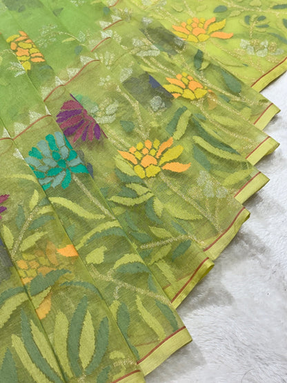 Olive Leaf Green Pure Cotton Jamdani  Real Gold Silver Zari Handwoven Saree