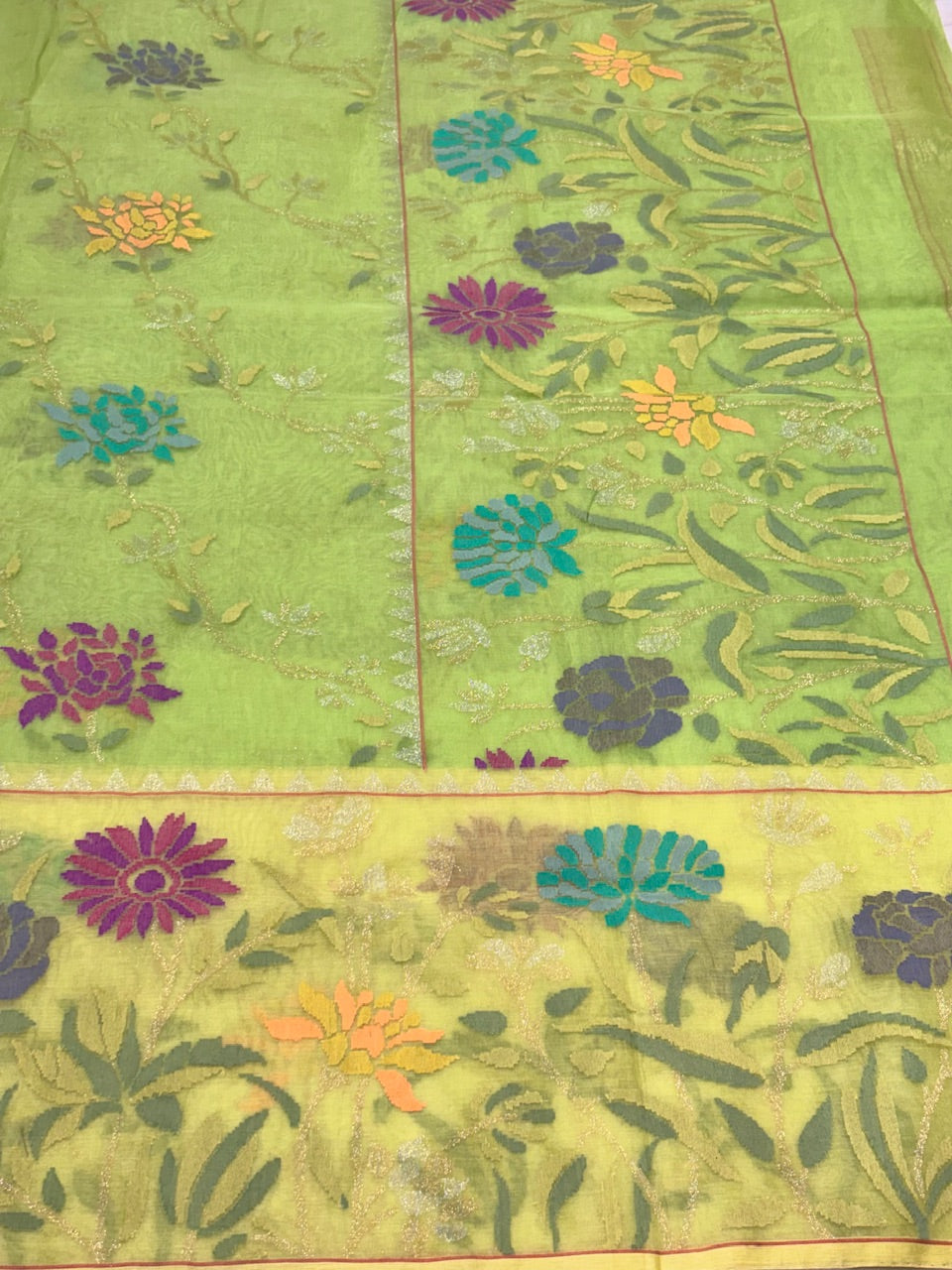 Olive Leaf Green Pure Cotton Jamdani  Real Gold Silver Zari Handwoven Saree