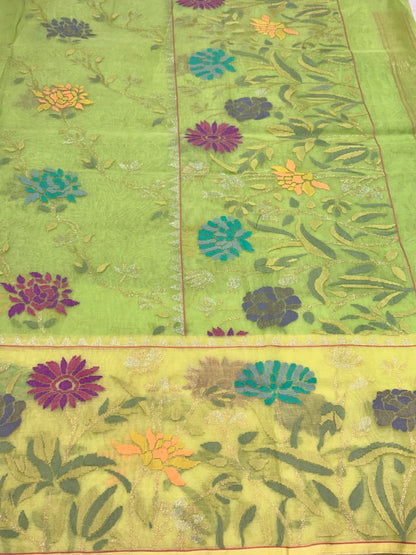 Olive Leaf Green Pure Cotton Jamdani  Real Gold Silver Zari Handwoven Saree