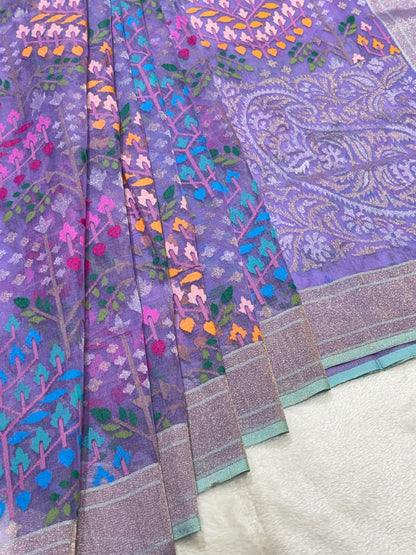 Lavender Pure Cotton Jamdani  Real Gold Silver Zari Handwoven Saree