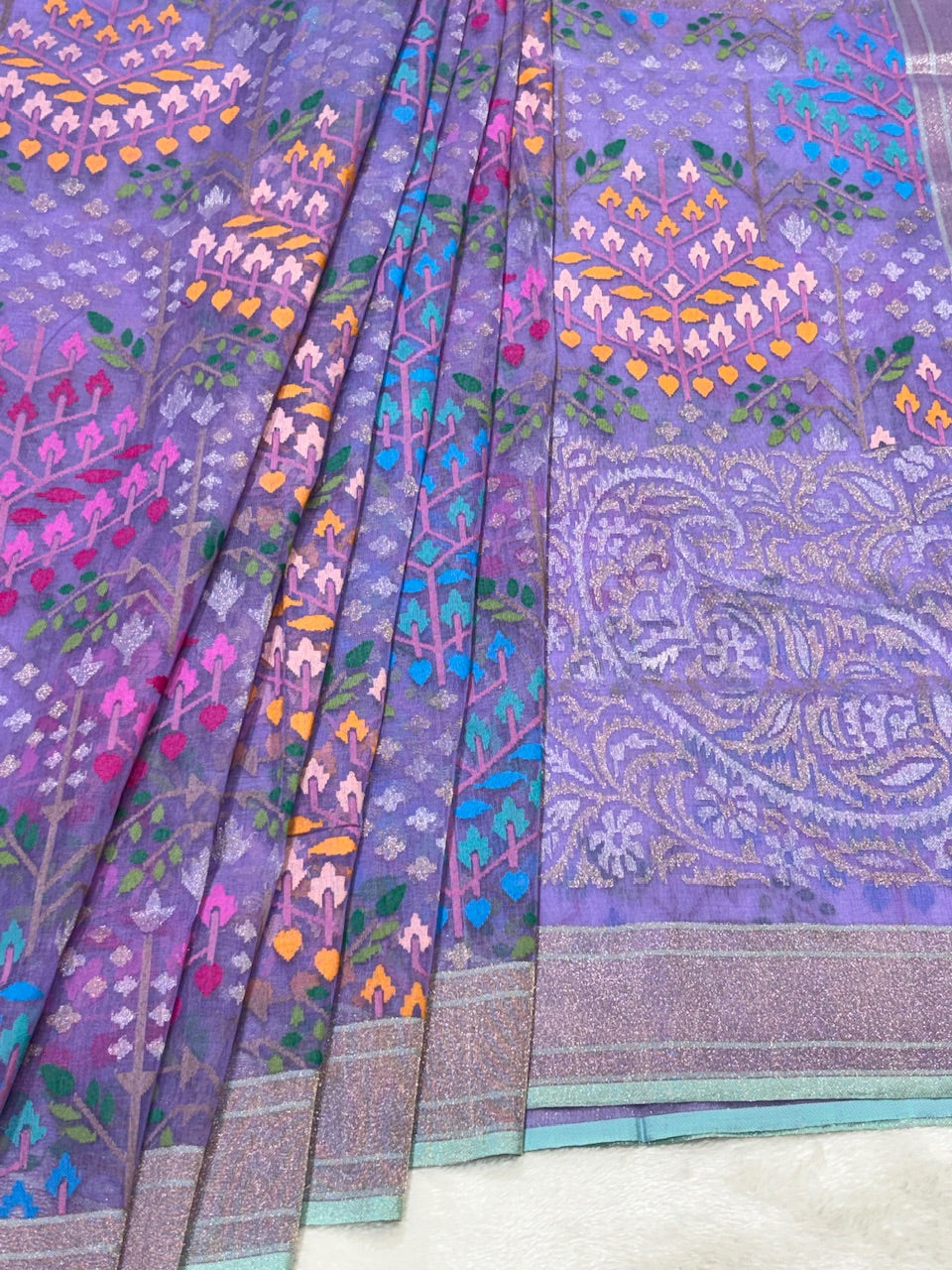 Lavender Pure Cotton Jamdani  Real Gold Silver Zari Handwoven Saree