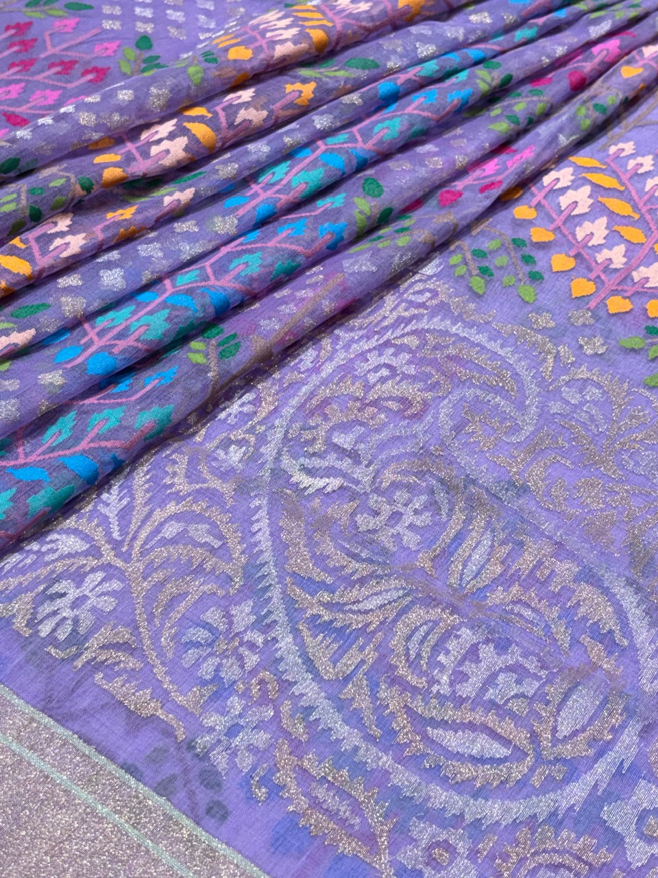 Lavender Pure Cotton Jamdani  Real Gold Silver Zari Handwoven Saree