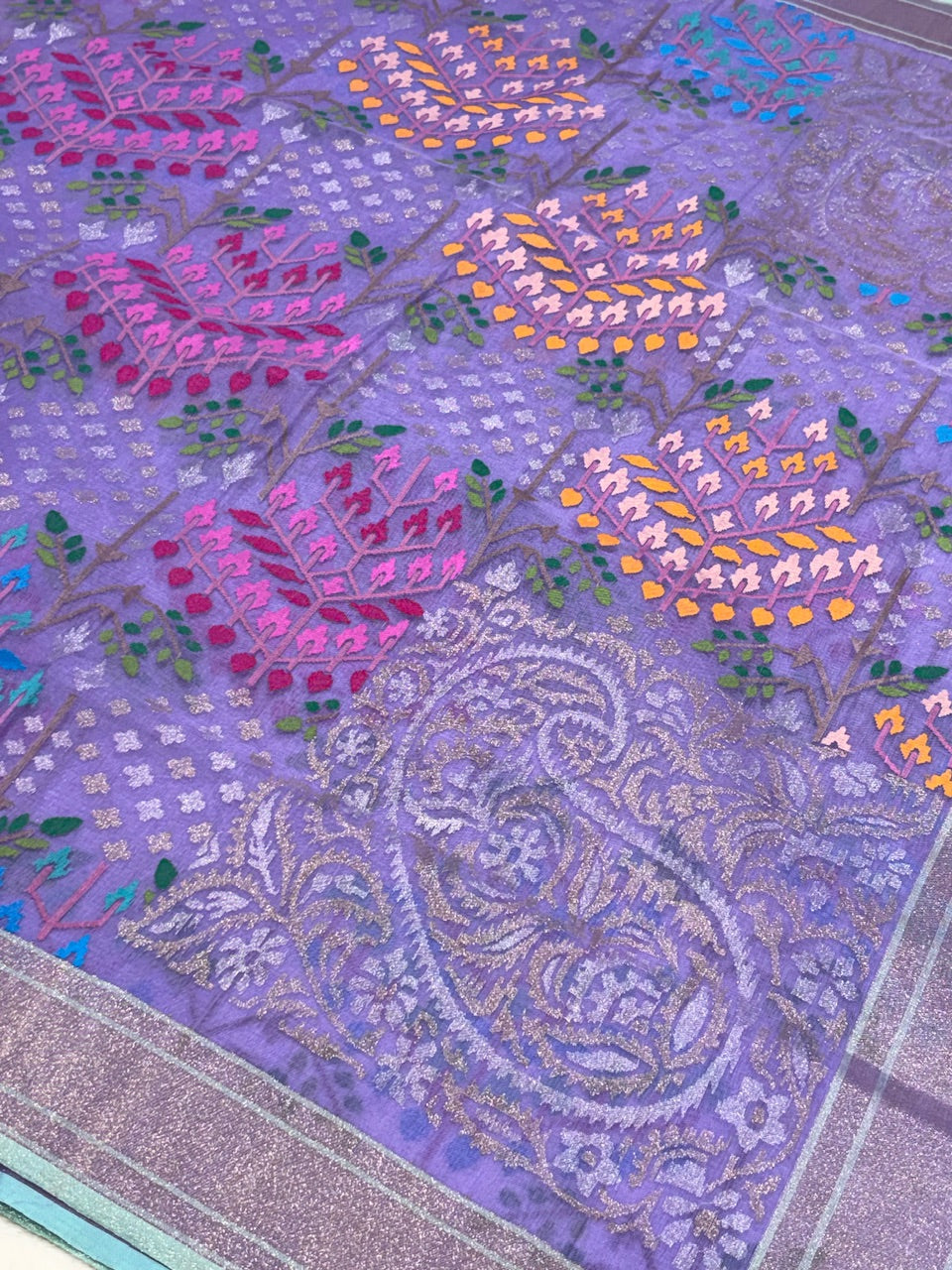 Lavender Pure Cotton Jamdani  Real Gold Silver Zari Handwoven Saree
