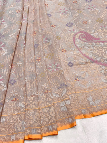 Natural Sandstone Grey Pure Cotton Jamdani  Real Gold Silver Zari Handwoven Saree