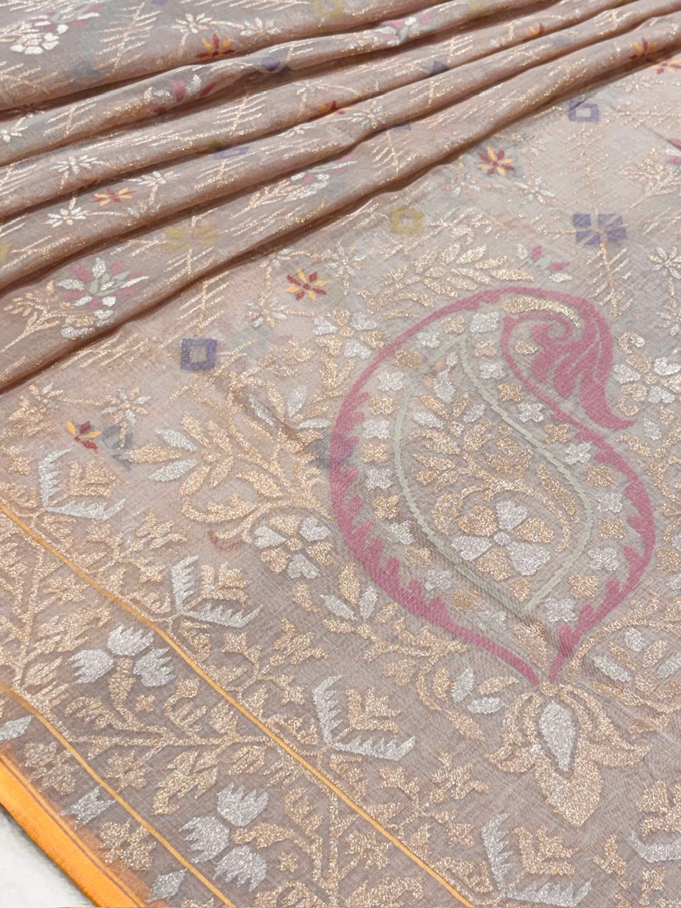 Natural Sandstone Grey Pure Cotton Jamdani  Real Gold Silver Zari Handwoven Saree