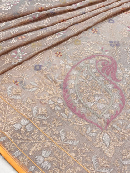 Natural Sandstone Grey Pure Cotton Jamdani  Real Gold Silver Zari Handwoven Saree