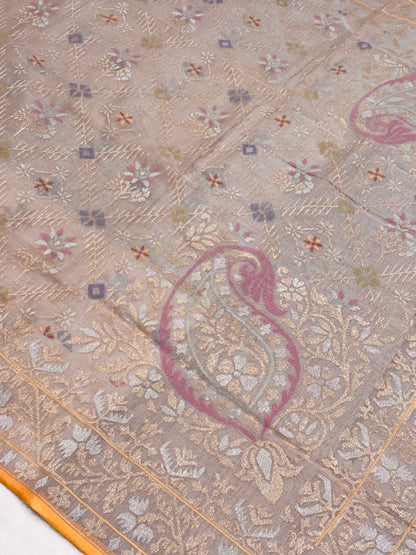 Natural Sandstone Grey Pure Cotton Jamdani  Real Gold Silver Zari Handwoven Saree
