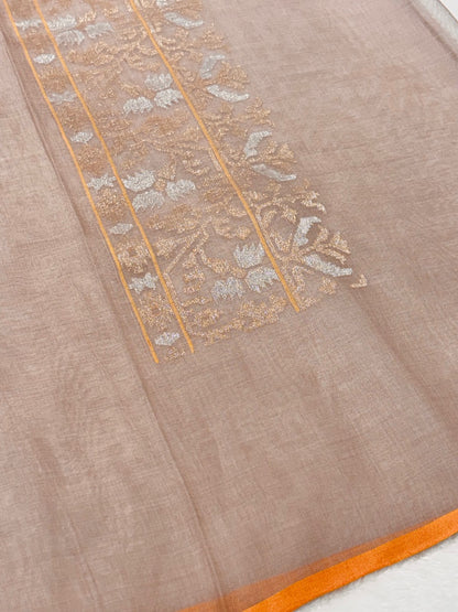 Natural Sandstone Grey Pure Cotton Jamdani  Real Gold Silver Zari Handwoven Saree
