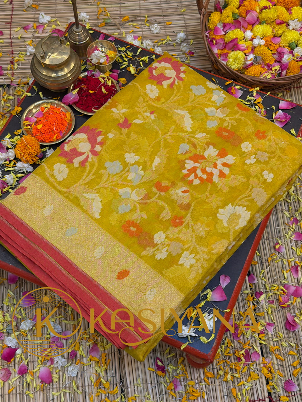 Handwoven Kora Jamdani Silk Saree – Yellow with Floral Zari Border