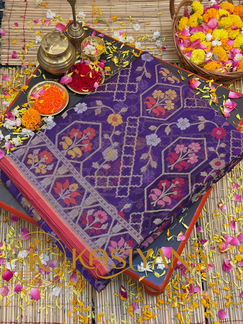 Handwoven Kora Jamdani Silk Saree – Purple with Floral Zari Border