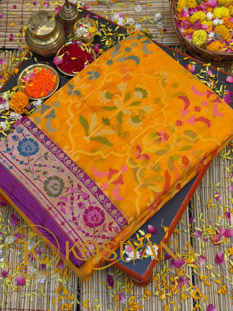 Handwoven Kora Jamdani Silk Saree –  Sunflower Yellow with Contrast Floral Zari Border