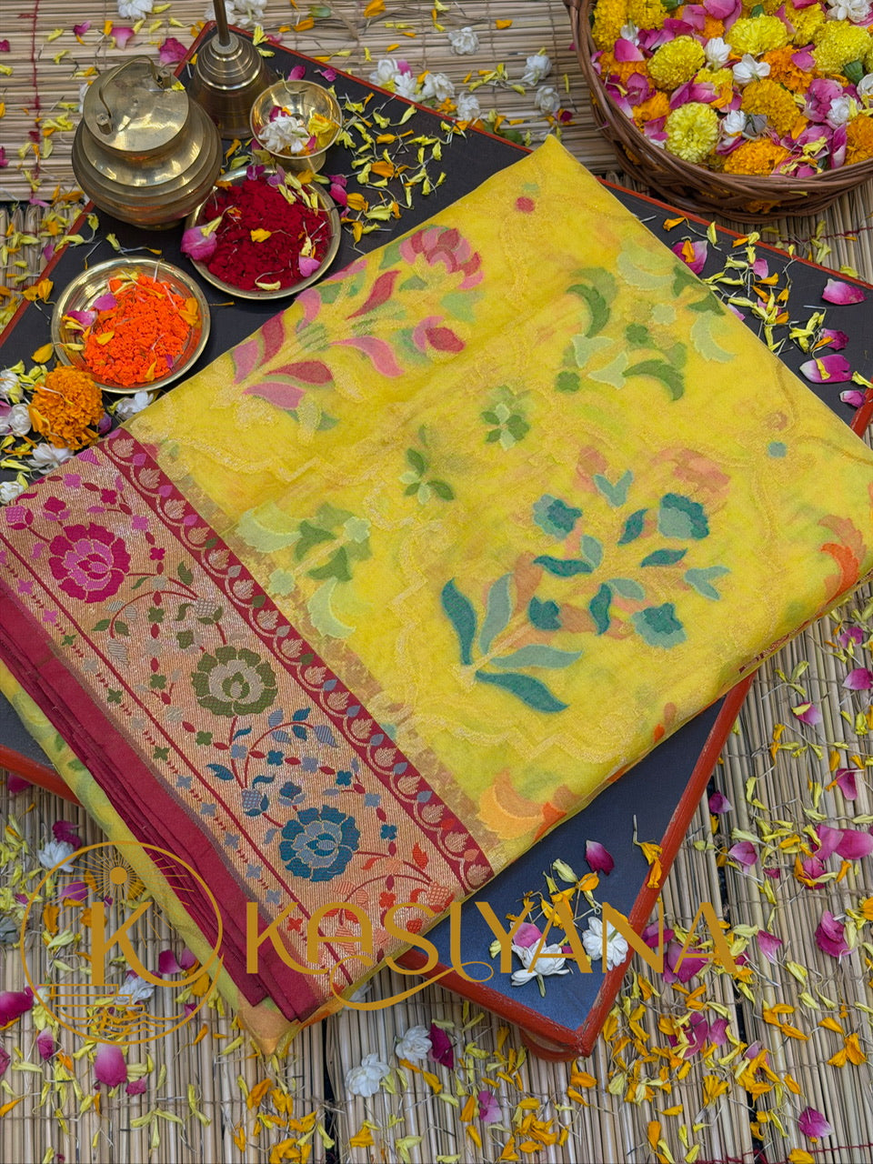 Handwoven Kora Jamdani Silk Saree – Yellow with Contrast Floral Zari Border