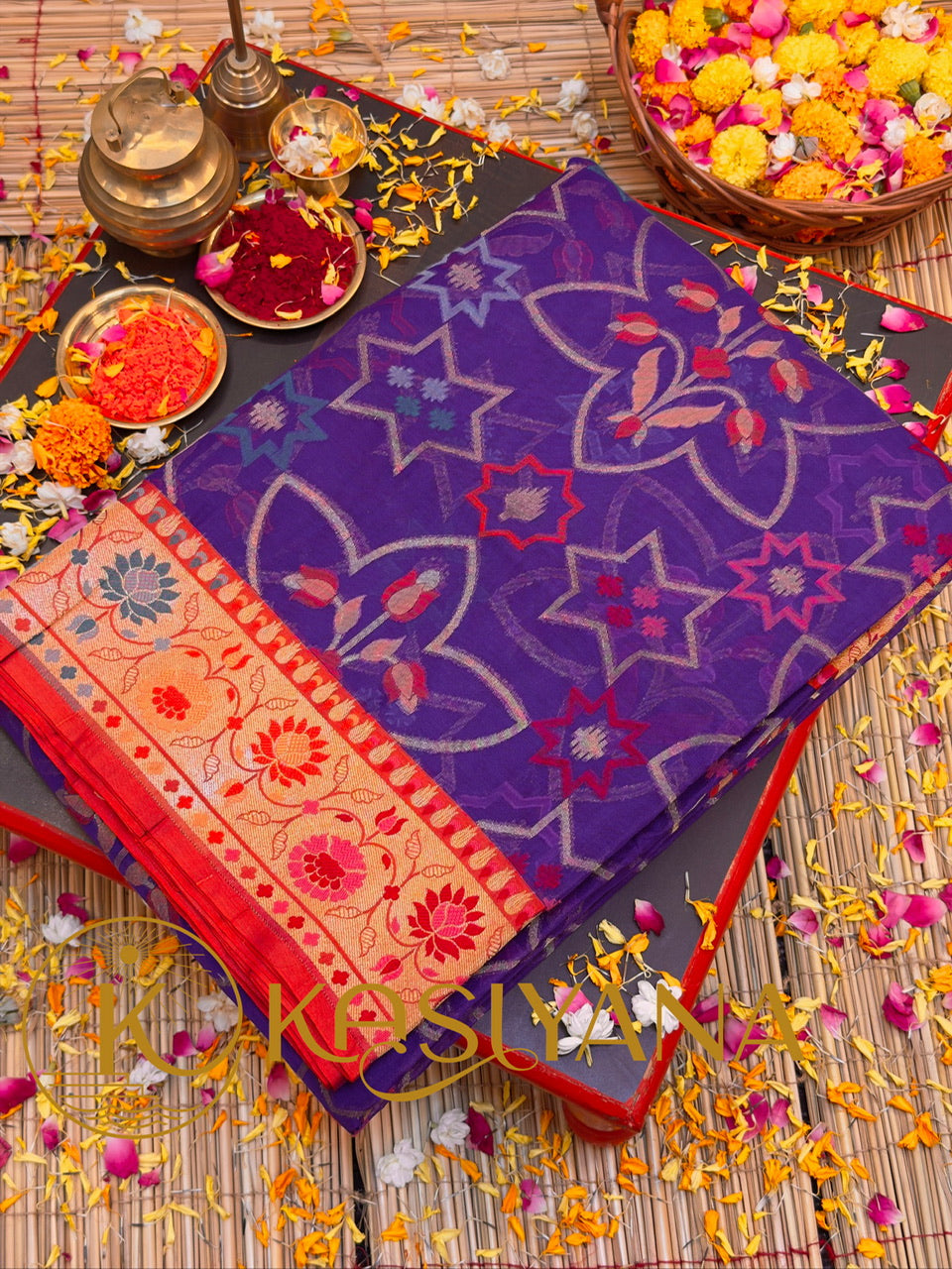 Handwoven Kora Jamdani Silk Saree – Purple with Contrast Floral Zari Border
