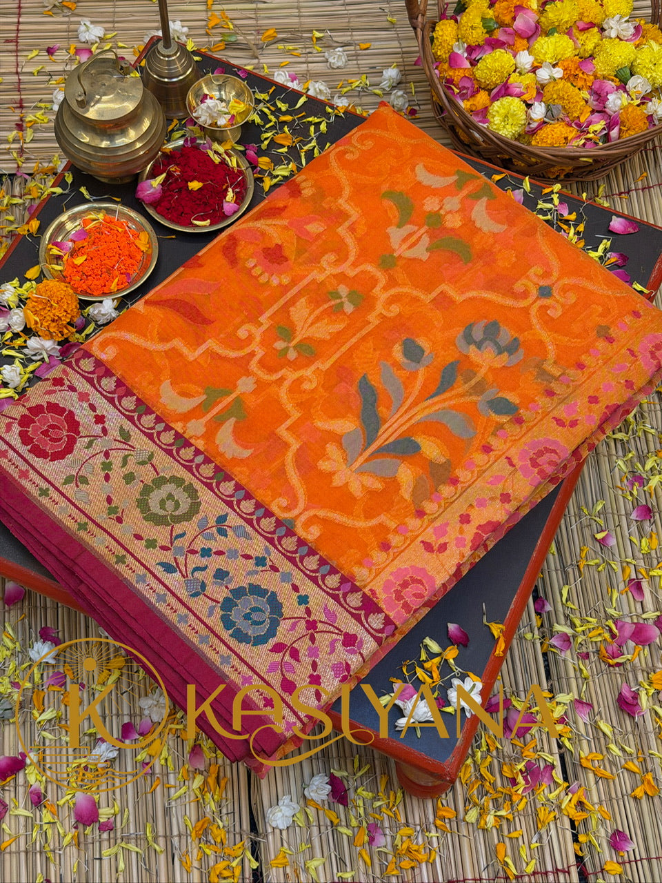 Handwoven Kora Jamdani Silk Saree – Orange with Floral Zari Border