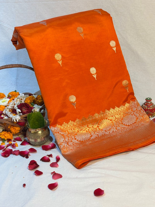 Orange Banarasi Pure Puna Silk Saree