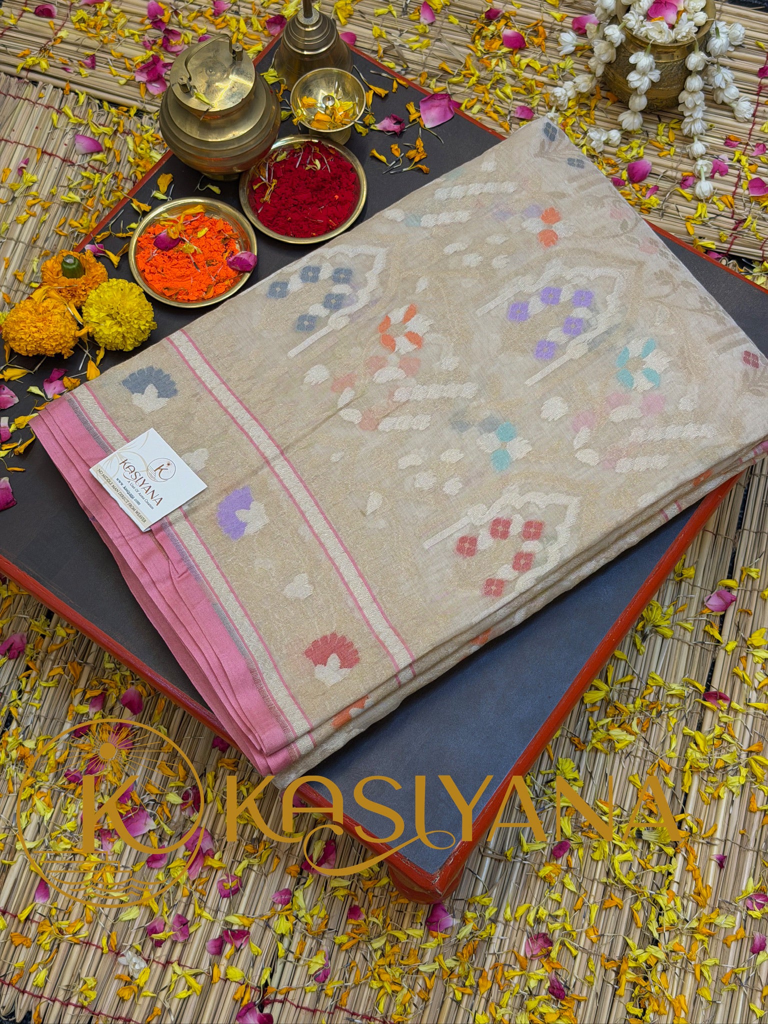 Pure Cotton Jamdani Saree | Elegant Beige Gold Design