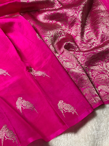Hot Pink Banarasi Pure Puna Silk Saree