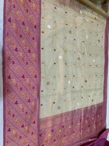Gajree & cream Contrast Ektara Kora Silk Tissue Kadhiyal Katan Iskirt with Check Body & Motifs