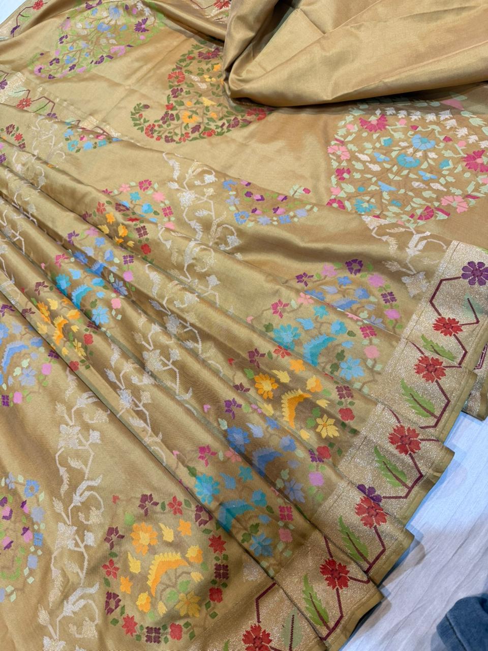Yellow Gold Realsilver with Gold Plated Silk Jamdani Mina Saree