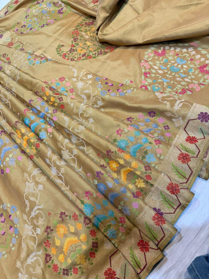 Yellow Gold Realsilver with Gold Plated Silk Jamdani Mina Saree