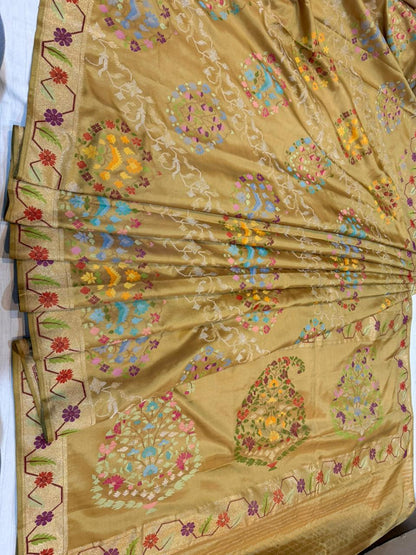 Yellow Gold Realsilver with Gold Plated Silk Jamdani Mina Saree