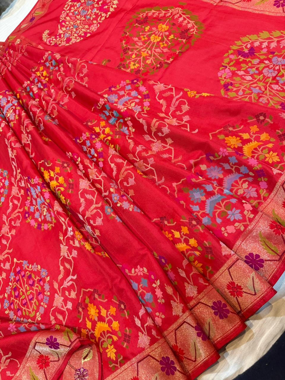 Red Realsilver with Gold Plated Silk Jamdani Mina Saree