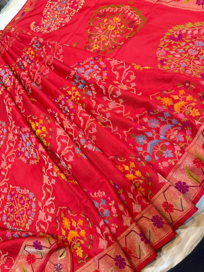 Red Realsilver with Gold Plated Silk Jamdani Mina Saree