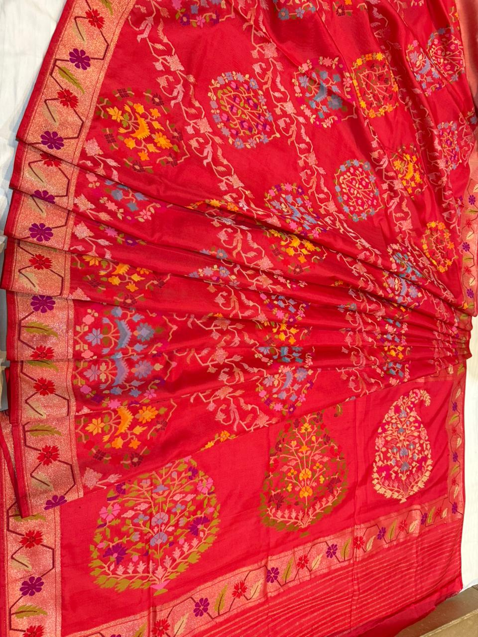 Red Realsilver with Gold Plated Silk Jamdani Mina Saree