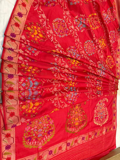 Red Realsilver with Gold Plated Silk Jamdani Mina Saree