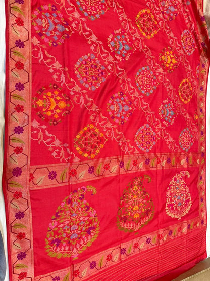 Red Realsilver with Gold Plated Silk Jamdani Mina Saree