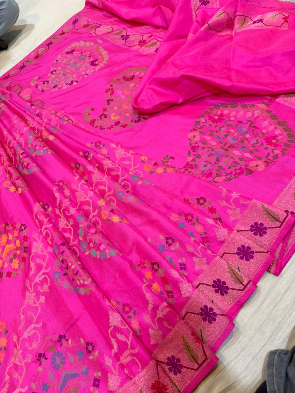 Magenta Realsilver with Gold Plated Silk Jamdani Mina Saree