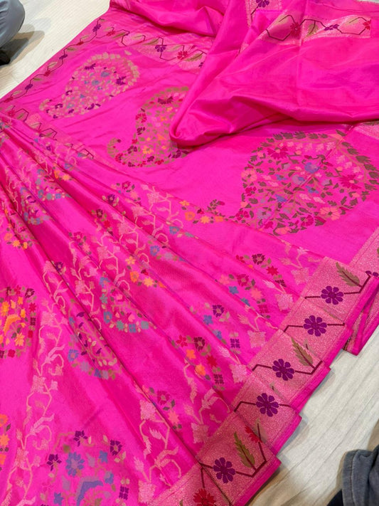 Magenta Realsilver with Gold Plated Silk Jamdani Mina Saree