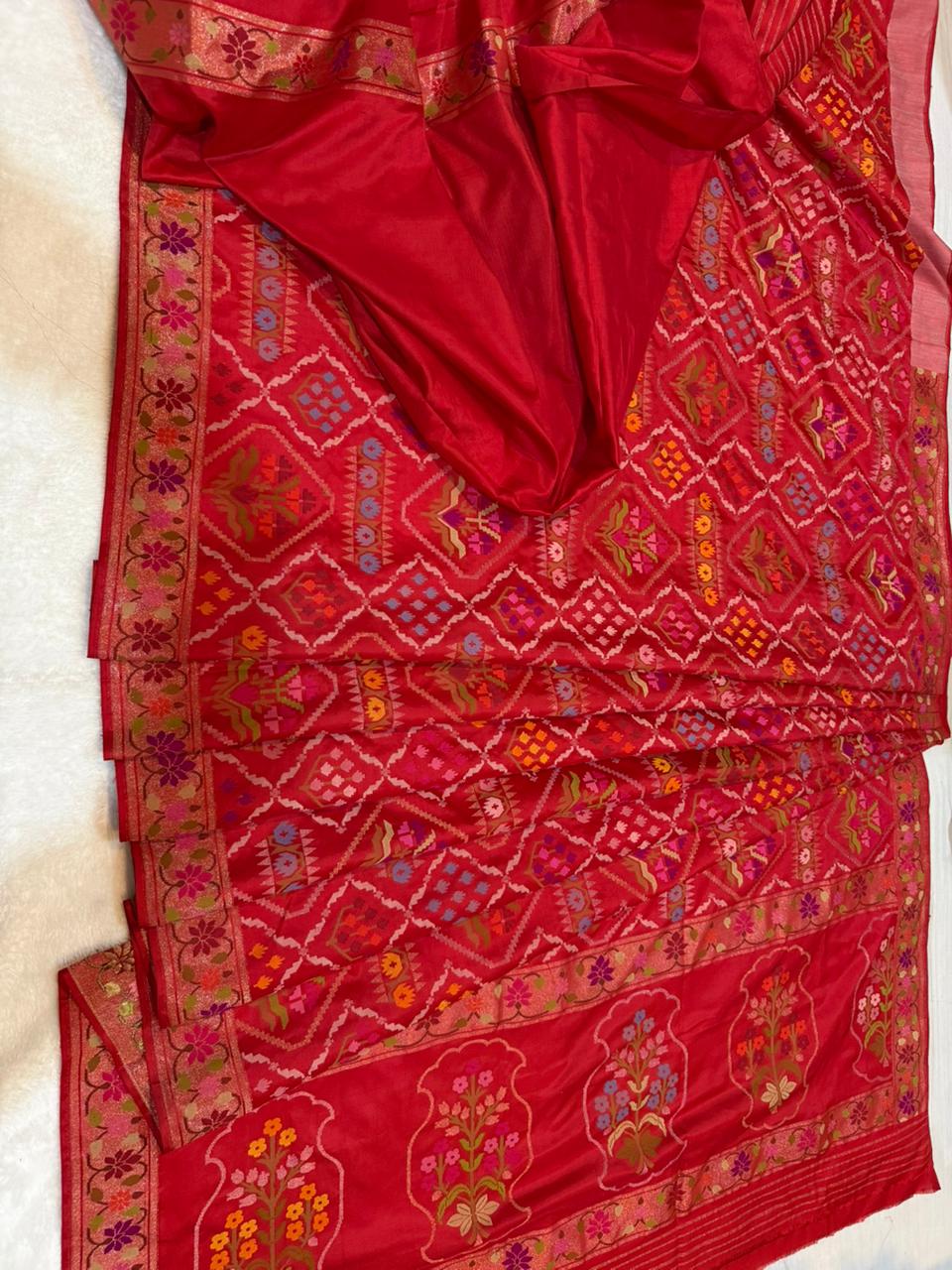 Red Realsilver with Gold Plated Silk Jamdani Mina Saree