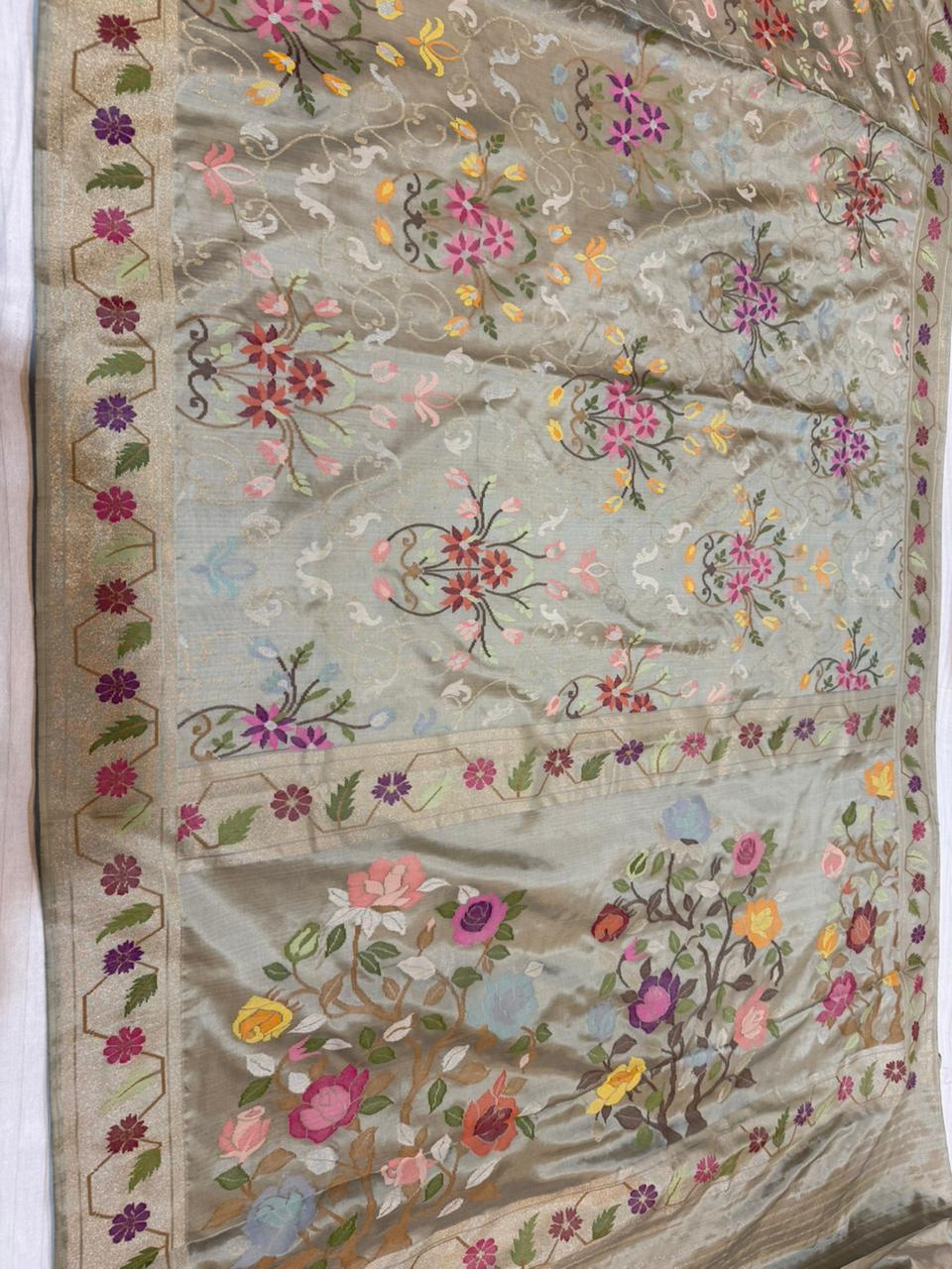 Grey Realsilver with Gold Plated Silk Jamdani Mina Saree