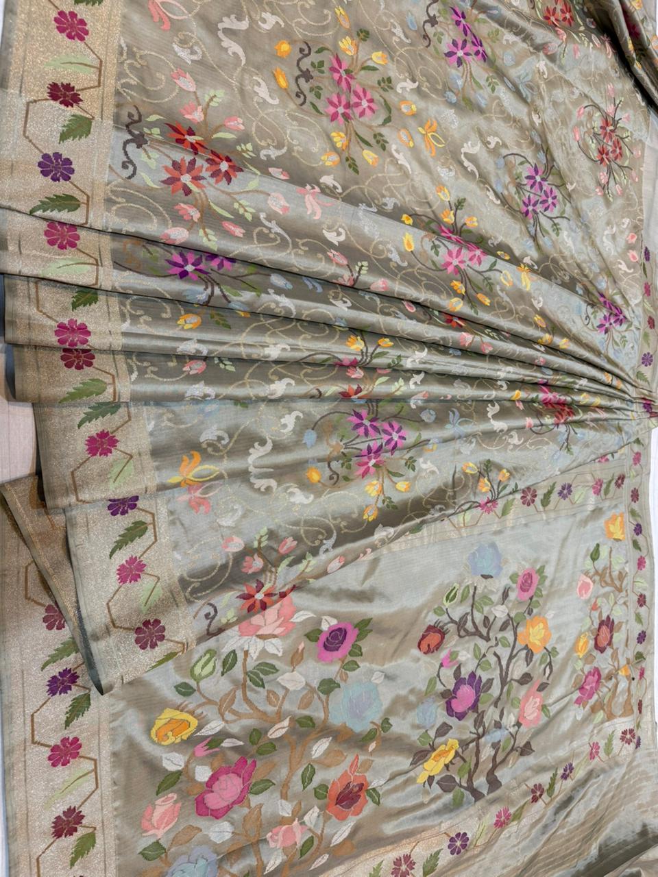 Grey Realsilver with Gold Plated Silk Jamdani Mina Saree