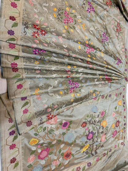 Grey Realsilver with Gold Plated Silk Jamdani Mina Saree