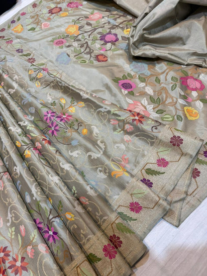 Grey Realsilver with Gold Plated Silk Jamdani Mina Saree