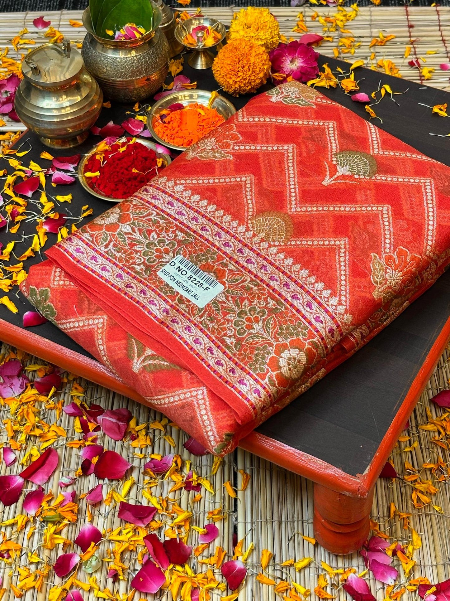 Pure Chiffon Silk Saree in Coral Orange with Zari Border | Handcrafted Elegant Party Wear