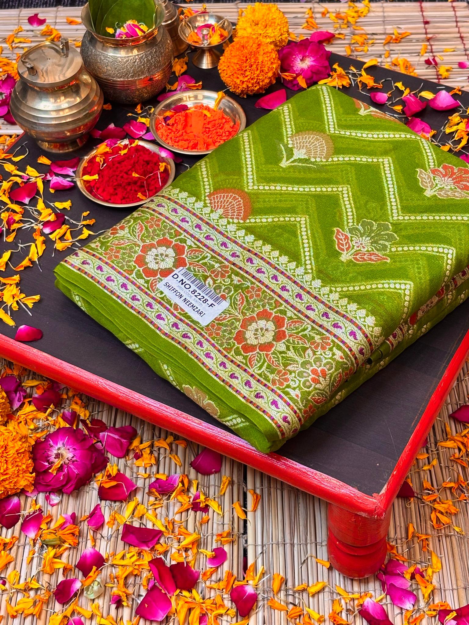 Pure Chiffon Silk Saree in Pista Green with Zari Border | Handcrafted Elegant Party Wear