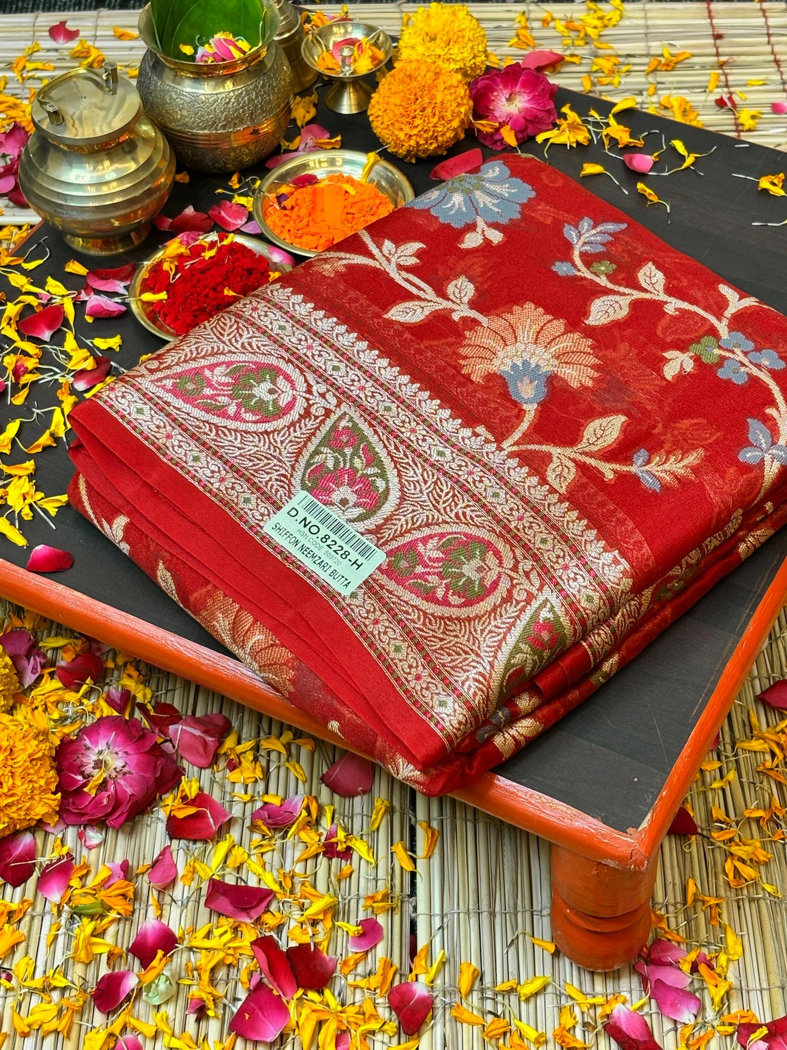 Pure Chiffon Silk Saree in Red with Zari Border | Handcrafted Elegant Party Wear