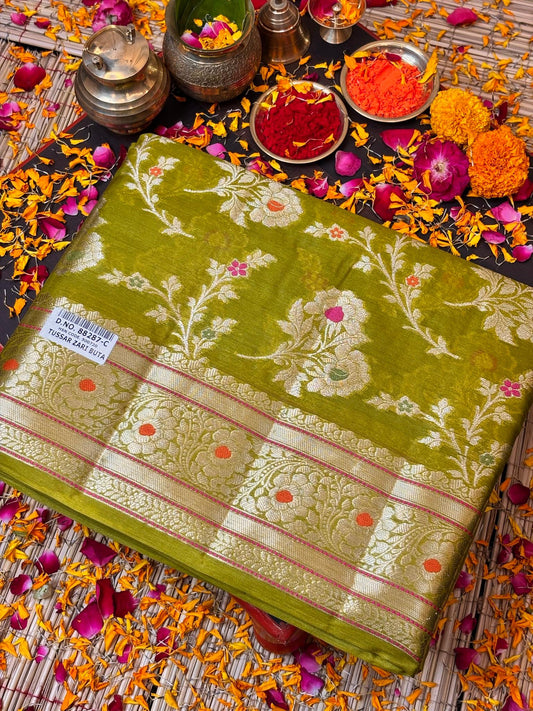 Pista Green Pure Chiniya Silk Saree with Zari Weave Border | Elegant Festive & Wedding Wear