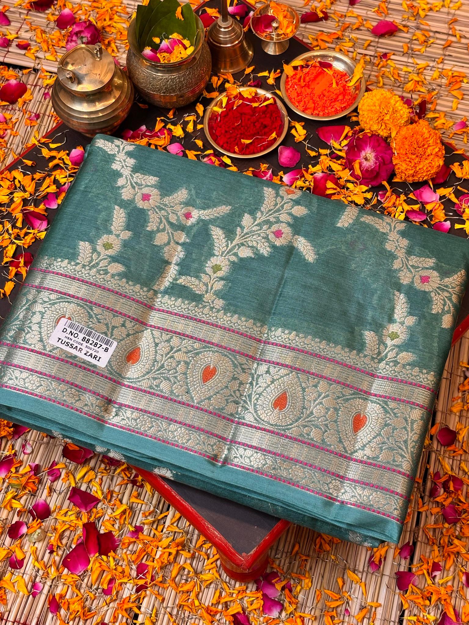 Seag Green Pure Chiniya Silk Saree with Zari Weave Border | Elegant Festive & Wedding Wear