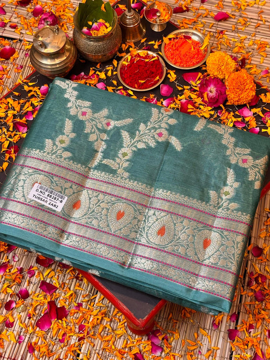 Seag Green Pure Chiniya Silk Saree with Zari Weave Border | Elegant Festive & Wedding Wear