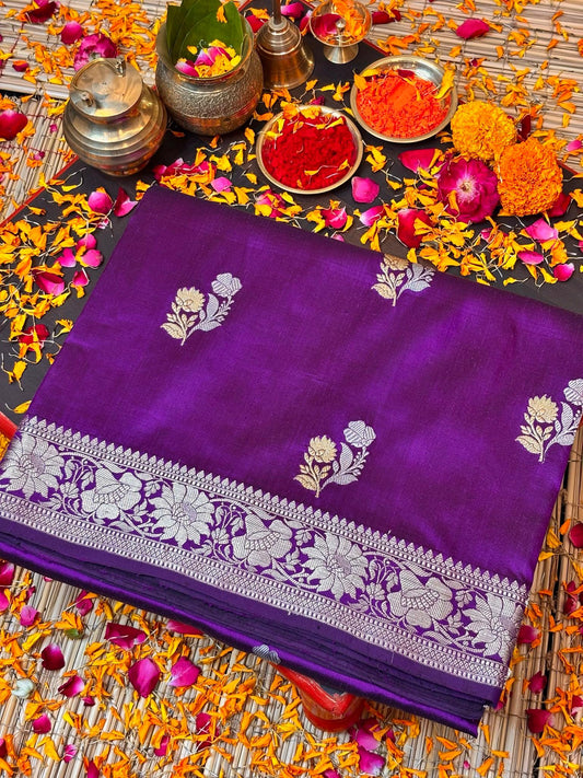 Premium Zari Buti Purple Saree with Intricate Gold Border | Elegant Ethnic Wear for Festive & Wedding